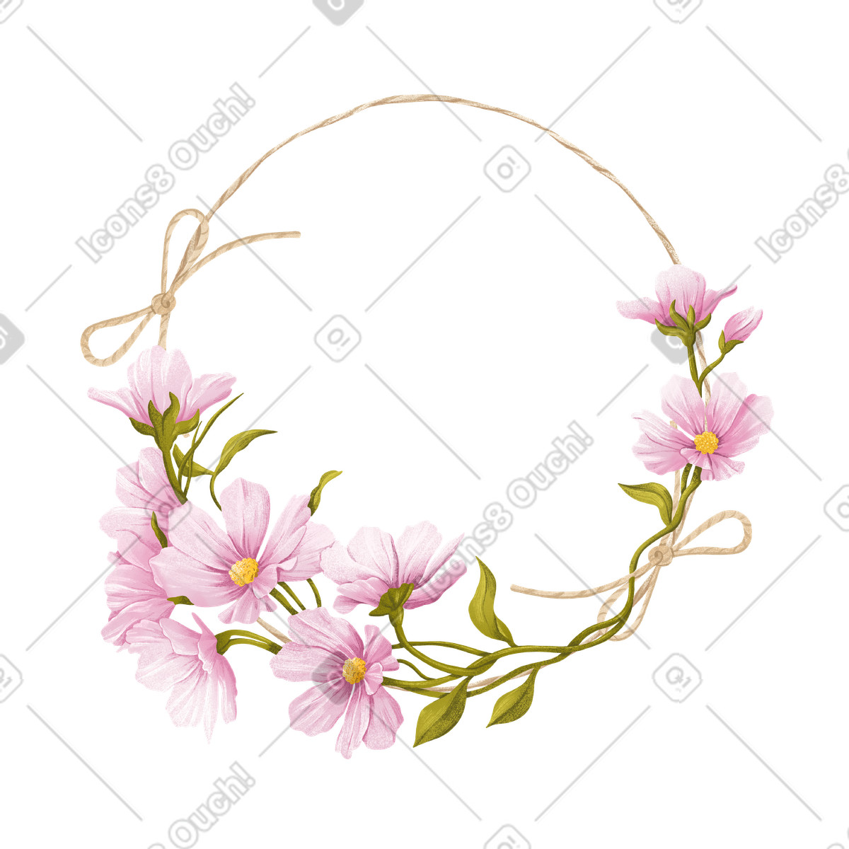 Round composition featuring pink delicate flowers and bows illustration clipart in PNG SVG