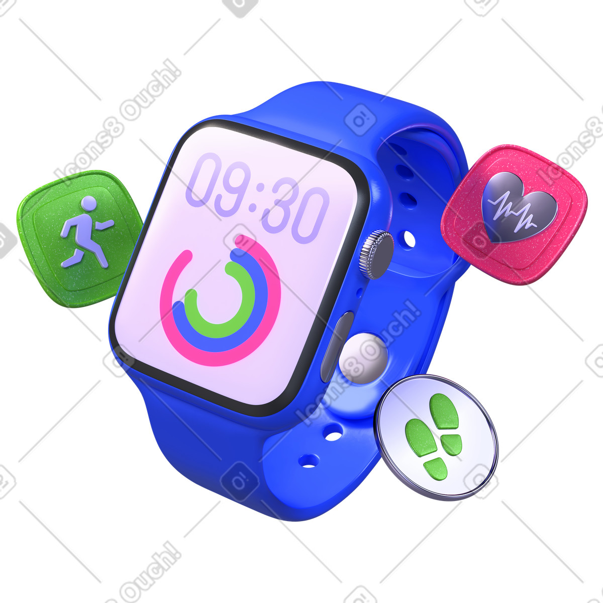 Smartwatch interface illustration featuring health tracking activity rings clipart in PNG SVG GIF