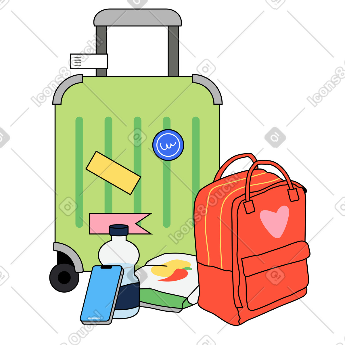 Ilustração de Itens essenciais viagem: bagagem, lanches e telefone em no estilo Kindy para baixar em PNG, SVG