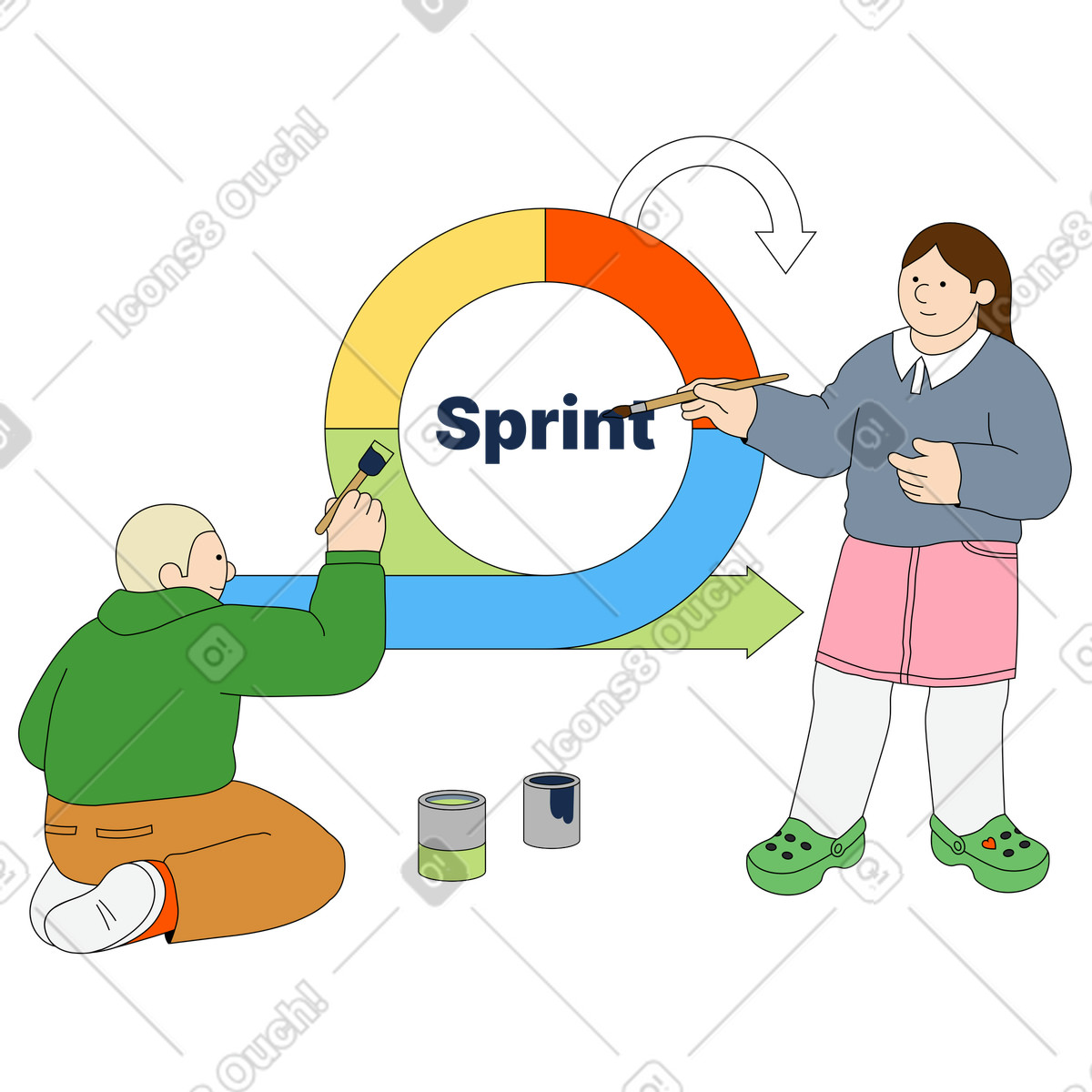 Male and female colleagues planning sprint illustration in Kindy style download in PNG, SVG