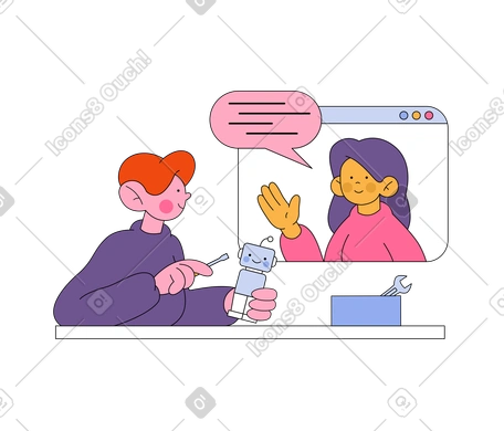 A man watching an online tutorial and building a robot PNG, SVG