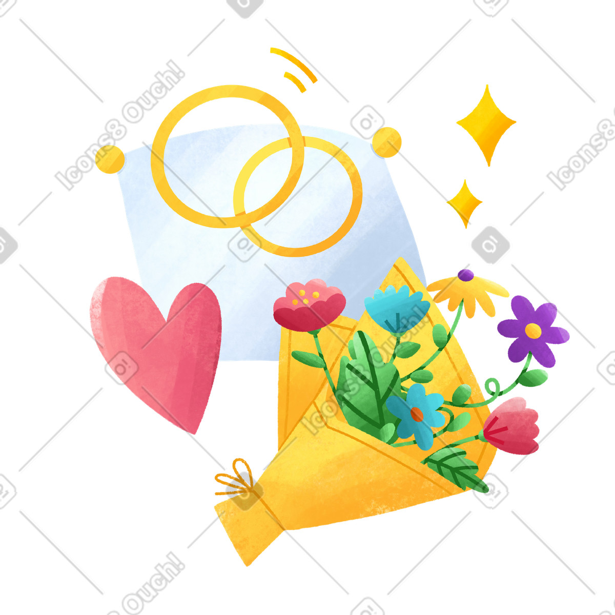 Giorno del matrimonio con anelli su un cuscino e mazzo di fiori illustrazione in stile Bonbon scarica in PNG, SVG