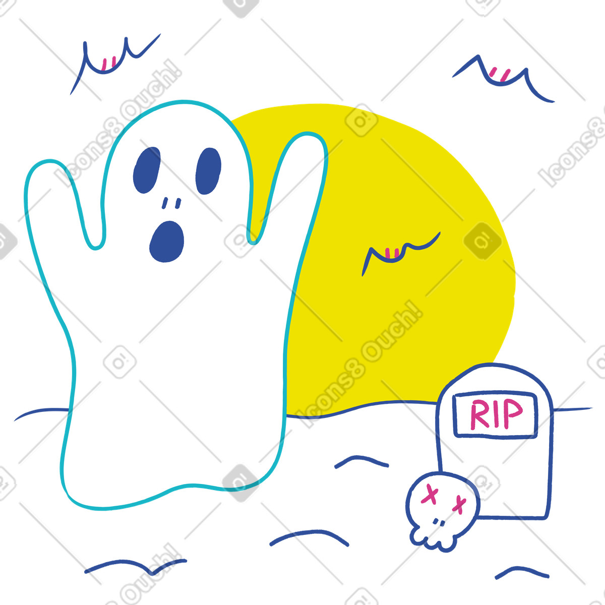 下载 Lime 风格的 万圣节幽灵在坟墓附近夜间 插画，支持 PNG、SVG 格式