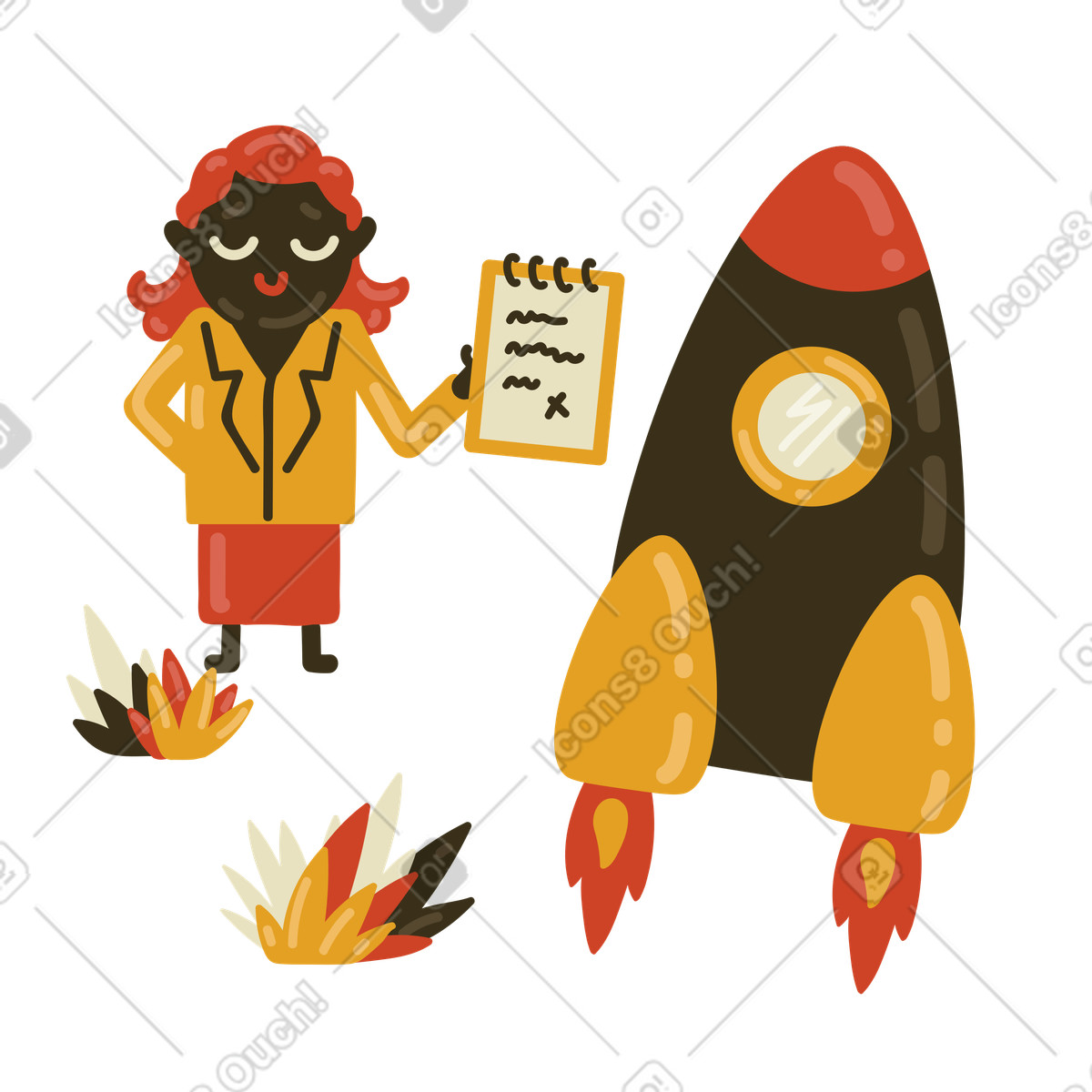 Illustration Femme avec presse-papiers lançant une fusée dans le style Arabica à télécharger aux formats PNG, SVG