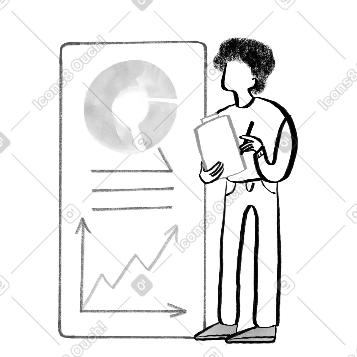 Black and white office worker looking at analytics presentation illustration in Company style download in PNG, SVG