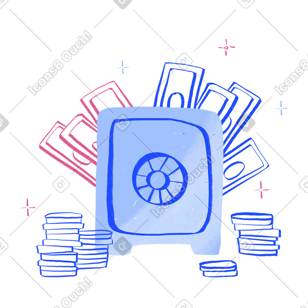 Safe deposit with banknotes and coins-Illustration im Quirky-Stil als Download in PNG, SVG