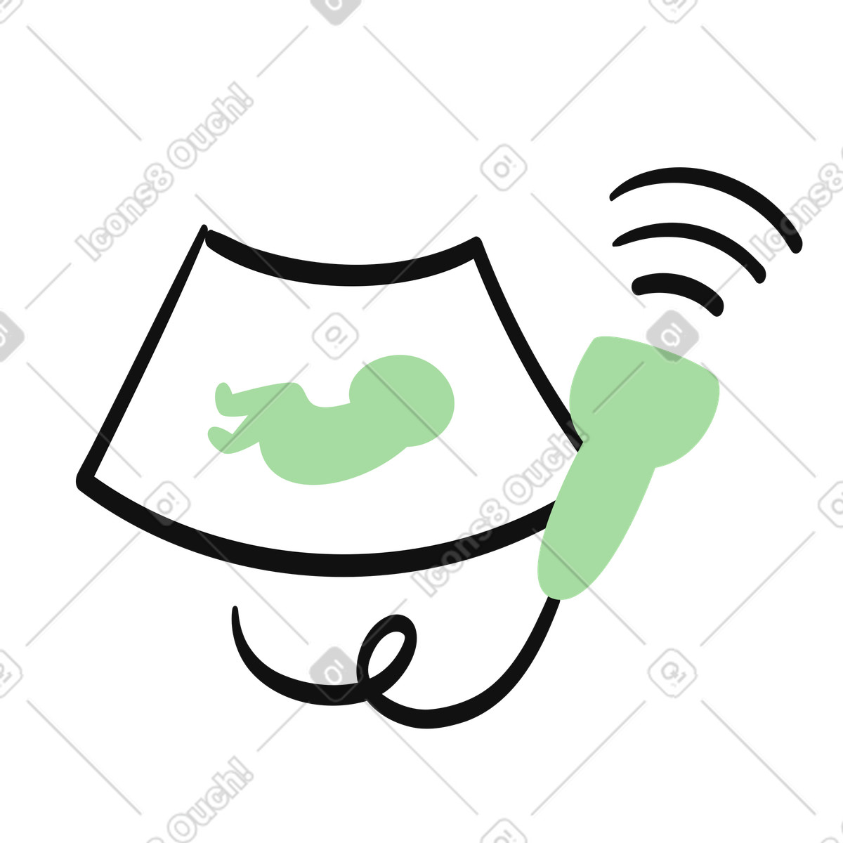 Ilustración Ultrasound monitor displaying fetus with connected transducer probe device en estilo Organic a descargar en PNG y SVG