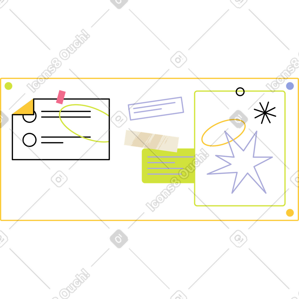 Tavola da lavoro con pianificazione e adesivi illustrazione animata in stile Juicy scaricabile in GIF, Lottie (JSON), AE