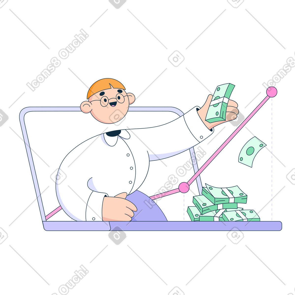 L'uomo d'affari felice gode della crescita del business online illustrazione in stile Bubble gum scarica in PNG, SVG