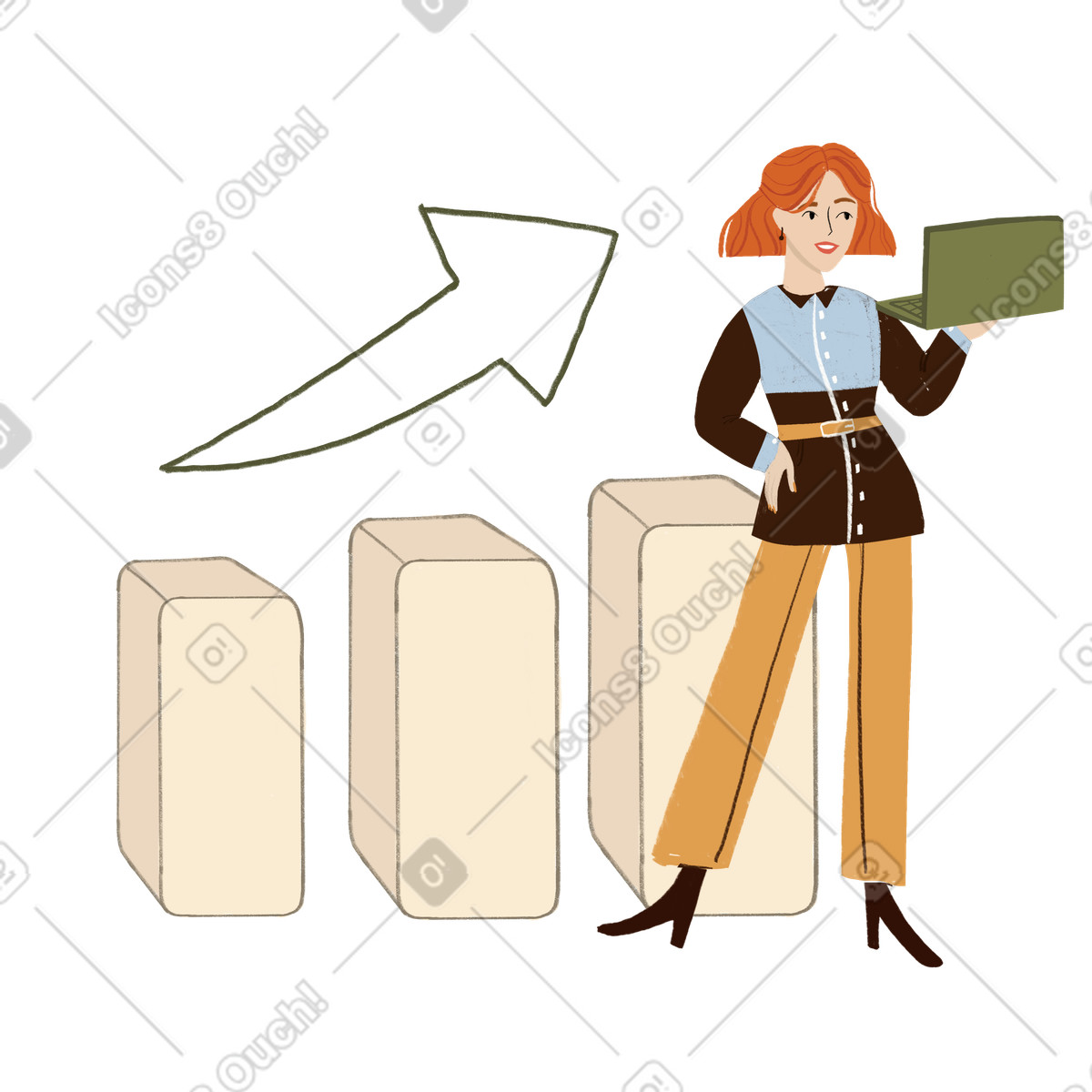 Ilustração de Mulher ruiva com laptop em pé perto do gráfico ascendente no estilo Lumiere para baixar PNG, SVG
