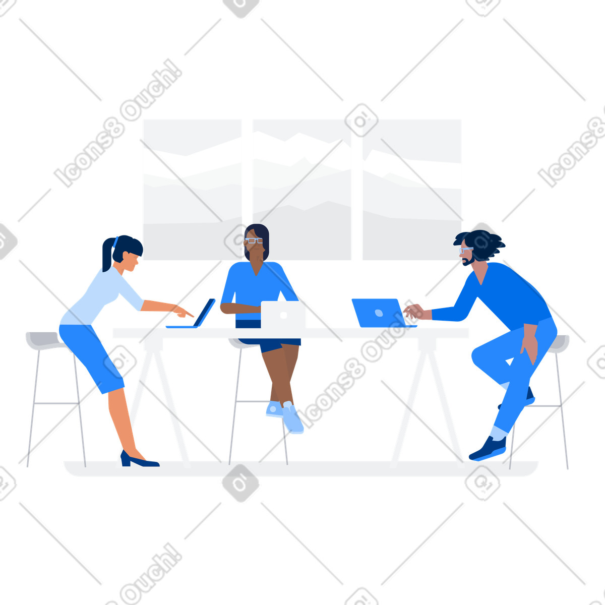 Иллюстрация Team collaborating at office desk, Productive brainstorming session в стиле Urban — скачать в форматах PNG, SVG