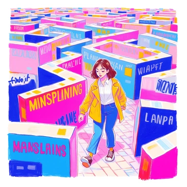 A woman with short brown hair is navigating a maze. She is wearing a bright yellow jacket and jeans. The walls of the maze are covered with bold, colorful words, including "Mansplaining" and other similar phrases. The atmosphere is dynamic, with various angles of the maze creating a sense of complexity. The woman appears focused, studying the walls as she moves through the maze. The floor is paved with simple cobblestones, giving the scene an organized feel.