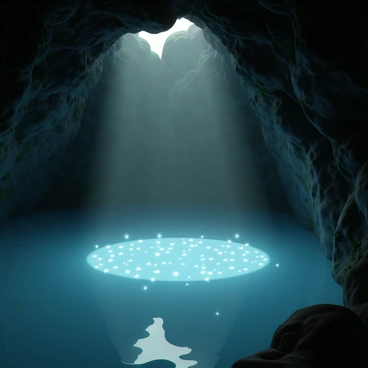 A hidden cave pool with crystal clear, still waters. The surface of the water reflects numerous small, glowing "star spren," which appear as shimmering, luminous orbs scattered across the pool. The walls of the cave are rugged and textured, with dark rocks and patches of moss. Shafts of light filter through small openings above, illuminating the scene with a soft, ethereal glow. The overall atmosphere is tranquil, enhanced by the glimmering reflections dancing on the water's surface.