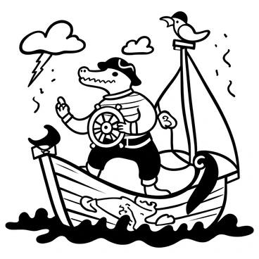 A crocodile dressed in a pirate outfit, complete with a tricorn hat and a striped shirt, stands at the helm of a ship. The ship is depicted with tattered sails and a wooden wheel gripped firmly in its claws. Dark, turbulent waves crash against the sides of the ship, creating splashes of water around it. Storm clouds loom overhead, and flashes of lightning illuminate the scene. A treasure map flutters from the crocodile's belt, while a parrot perches on the ship's railing.