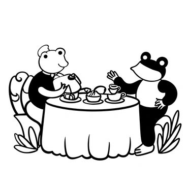 A frog and a toad sitting at a small round table set for an afternoon tea party. The table is adorned with a white tablecloth, and on it are tiny cups and saucers filled with steaming tea. A selection of pastries, including small cakes, cookies, and fruit tarts, is arranged on delicate plates. The frog, wearing a small bowtie, is pouring tea into one of the cups, while the toad, dressed in a tiny waistcoat, is reaching for a pastry. The scene is surrounded by lush green foliage, giving a sense of an outdoor setting.