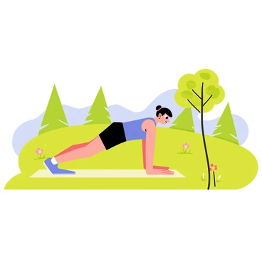 A person wearing a bright blue tank top and black shorts is performing a knee push-up on a light green yoga mat. The individual has short brown hair and is focused, with their arms bent and body in a diagonal line. Surrounding them is a sunny park with vibrant green grass and a few colorful flowers scattered around. In the background, there are tall trees with lush leaves and a clear blue sky, indicating a pleasant and warm day.
