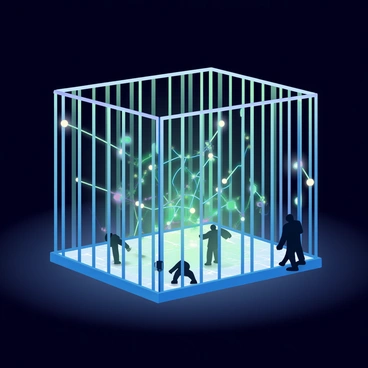 A cage made of digital bars surrounds a glowing network of interconnected nodes and lines. The bars have a holographic appearance with shifting colors of blue and green, creating an ethereal glow. Inside the cage, the network pulses with bright lights, showcasing data flow in vibrant patterns. Small, shadowy figures representing intruders can be seen attempting to breach the cage but are held back by the shimmering digital barrier. The background is dark, emphasizing the brilliance of the network and the protective structure surrounding it.