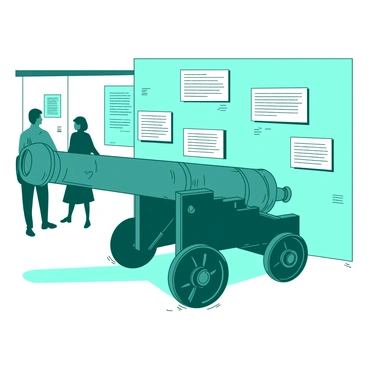 A teal historical cannon is prominently displayed in a museum setting. The cannon is made of dark metal with intricate carvings, showcasing its age and craftsmanship. Next to the cannon, there are several white informational plaques mounted on the wall. Each plaque contains detailed descriptions about the cannon's history and use, written in black text. The museum's interior has soft lighting that highlights the cannon while casting gentle shadows on the surrounding floor. A few visitors can be seen in the background, quietly observing the exhibit.