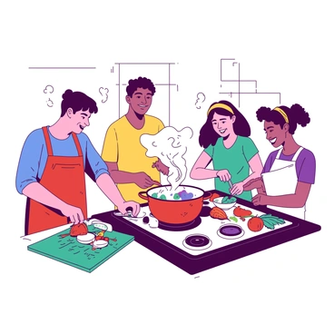 A group of millennials learning to cook a new dish in a fun cooking class