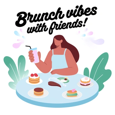 A girl with long hair is seated at a circular table in an outdoor café setting, surrounded by friends. She is wearing a light summer dress and is holding a colorful smoothie in her hand. The table is adorned with a variety of brunch dishes, including a stack of pancakes topped with fruit, and a plate of avocado toast. Green plants and decorative lights are visible in the background, enhancing the lively atmosphere of the café. "Brunch vibes with friends!" is written in a playful font above the scene.