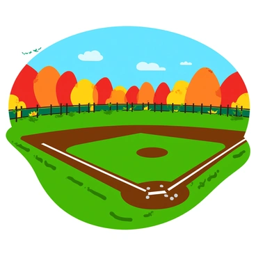 An abandoned baseball field with worn-out bases and a cracked pitcher's mound. The grass is overgrown, with patches of brown and green, and the entire field is blanketed in vibrant autumn leaves ranging from bright red to deep orange and golden yellow. An old rusted fence borders the field, partially covered in climbing vines. The sky above is a clear blue, providing a stark contrast to the warm colors of the leaves on the ground.