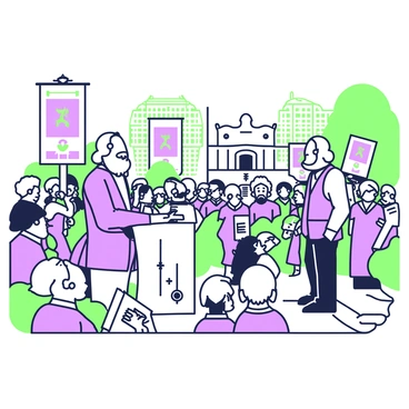 Karl Marx stands confidently at a wooden podium, passionately delivering a speech. He is dressed in a dark coat and vest, with a white shirt and a cravat. His long hair and beard are neatly styled. The crowd, composed of men and women of various ages, listens intently, some holding books and pamphlets. The square is framed by historic buildings, and several trees are visible in the background. Banners with slogans are held high by members of the audience, adding energy to the scene. The atmosphere is vibrant as people lean in to hear his words.