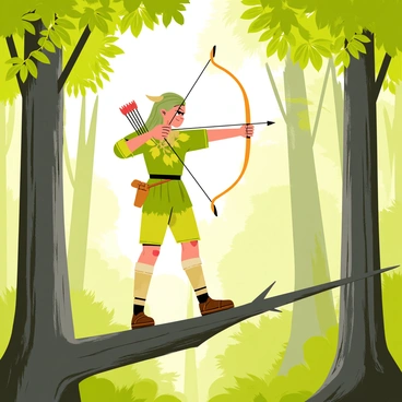 An elf archer with long, flowing hair stands on a sturdy tree branch, ready to shoot an arrow from a beautifully crafted bow. The elf wears a green tunic adorned with leaf patterns, blending seamlessly with the surrounding foliage. The dense forest is filled with tall trees, their trunks thick and bark textured, while vibrant green leaves create a lush canopy overhead. Sunlight filters through the branches, casting dappled shadows on the forest floor below. The elf's keen eyes are focused on a distant target, showcasing a sense of concentration and precision. A quiver filled with arrows is slung over the elf's back.