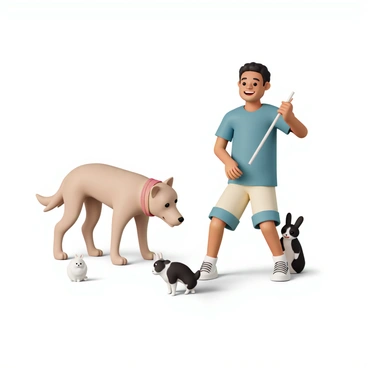 A dog, wearing a bright red bandana, attempts to limbo under a stick held by its owner, who is laughing heartily. The owner is wearing a blue t-shirt and denim shorts. Next to them, a cat, with black and white fur, is crouched low, trying to go under the stick as well. The cat has a playful expression on its face. Another pet, a small rabbit with fluffy fur, is also trying to limbo, and its owner, dressed in a green shirt and beige pants, is encouraging it while chuckling. The scene is filled with a sense of fun and playful competition.