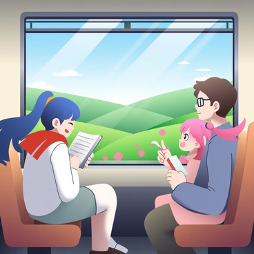A group of three anime characters is sitting inside a train carriage as it travels through rolling hills. The first character has long blue hair tied in a ponytail, wearing a white shirt and a red scarf. She is gazing out of the window with a smile. The second character, wearing glasses, has short brown hair and is reading a book, his expression focused. The third character, a girl with pink hair styled in twin tails, is excitedly pointing out the scenery, which includes green hills dotted with wildflowers under a bright blue sky. The interior of the train features wooden benches and large windows that allow plenty of sunlight to fill the space.