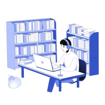 A student is sitting at a wooden table in a library, intently focused on their laptop. The laptop screen is bright, illuminating the student’s face. They are wearing large headphones that cover their ears, indicating they are engaged in listening. Surrounding the student, there are tall bookshelves filled with various books, with some books stacked on the table. A small desk lamp is positioned next to the student, casting a soft light onto the surface. The library has a quiet atmosphere, with soft shadows created by the overhead lights.