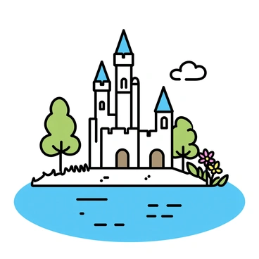 A tall, majestic castle with multiple towers and spires is perched above a crystal-clear lake. The castle has tall arched windows and grand wooden doors. Below the castle, the lake reflects the blue sky and fluffy white clouds. Surrounding the lake, there are lush green trees and vibrant wildflowers growing along the shoreline. The scene is serene, with gentle ripples on the water's surface caused by a light breeze.
