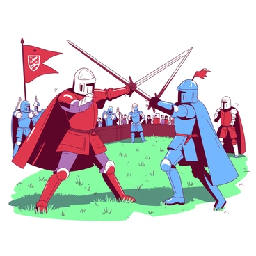 A medieval battle scene in a comic book style, with knights clashing on a grassy field