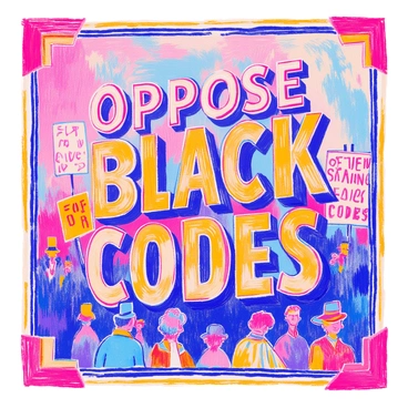 A vintage poster displays bold letters that read "Oppose Black Codes" prominently at the center. The background features a textured, weathered look that suggests aging, with faded colors adding to its vintage feel. Surrounding the text are illustrations of historical figures participating in a civil rights march, holding banners and signs. The edges of the poster are adorned with decorative borders that enhance its classic appeal.