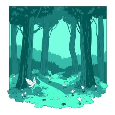 A teal enchanted forest filled with tall trees that reach towards the sky. The trees have intricate bark textures, and their leaves shimmer with a gentle glow. Scattered throughout the forest are glowing flowers of various shapes and sizes, illuminating the ground with a soft light. Among the underbrush, there are magical creatures such as small fairies with delicate wings and a gentle dragon peeking from behind a tree. The scene is alive with vibrant details, showcasing the wonder of the enchanted environment.