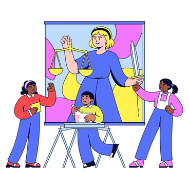A group of three artists is painting a vibrant mural of "Themis," the Greek goddess of justice, on a large city wall. The mural features "Themis" wearing a flowing robe, holding scales in her right hand and a sword in her left hand. The background includes abstract patterns in bright colors, representing diversity and balance. One artist is applying a deep blue color, while another adds golden accents to highlight the scales. The third artist is focusing on the facial features of "Themis" to convey determination and fairness.