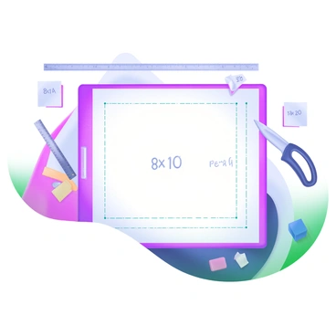 A modern pastel illustration depicting a large illustration board laid flat on a workspace. The board is marked with various lines and measurements indicating standard sizes, such as 8x10 inches, 11x14 inches, and 16x20 inches. Surrounding the board are cutting tools, including a ruler, a utility knife, and a cutting mat. Small squares of paper cut from the board are positioned around the edges, showcasing the different sizes. The background is a soft color to emphasize the workspace and tools.