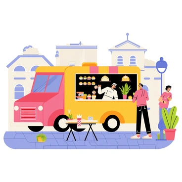 A colorful gourmet food truck with a vibrant exterior parked on a cobblestone street in Marseille. The truck features large windows showcasing an array of appetizing street food items. A chef in a white apron is busily preparing dishes inside the truck, while a customer eagerly waits at the counter. The scene includes various food items like tacos, gourmet burgers, and fresh salads displayed prominently. Nearby, a small table is set up with a few patrons enjoying their meals, surrounded by potted plants adding a lively touch. The backdrop features quaint buildings typical of Marseille, enhancing the atmosphere.