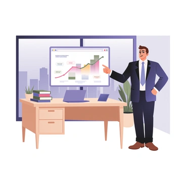 A financial advisor is standing in a modern office space. The advisor is a middle-aged man with light skin and short brown hair, wearing a navy blue suit and a light blue tie. He is pointing at a large visual graph displayed on a screen that illustrates wealth creation strategies. The graph has upward trends and colorful bars indicating growth, with labels for different financial strategies. The office is equipped with a wooden desk, a laptop, and a potted plant in the background. A large window shows a city skyline outside, and a few financial books are neatly stacked on the desk.