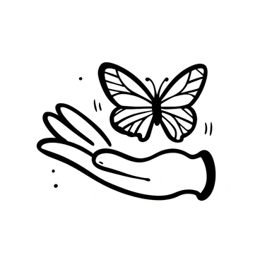 A butterfly perched gently on an open hand, its wings displaying intricate patterns. The wings are in a moment of pause, with slight movement implied, reminiscent of a heartbeat. The hand has delicate features, with fingers slightly curled to provide a natural base for the butterfly. Surrounding the hand, there are soft lines suggesting a gentle breeze. The background is simple, allowing the focus to remain on the butterfly and the hand.