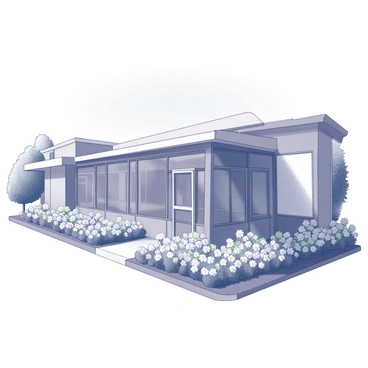 An exterior view of a community health clinic. The building has a modern design, with large glass windows reflecting the surroundings. Surrounding the clinic, there are various blooming flowers in well-maintained garden beds. The flowers display an array of shapes and sizes, contributing to the serene atmosphere. Pathways lead up to the entrance, bordered by neatly trimmed hedges and vibrant greenery. A clear blue sky blankets the scene, enhancing the overall inviting appearance of the clinic.