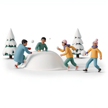 A group of four friends is engaged in a playful snowball fight in a snowy park. They are laughing and smiling as they dodge and throw snowballs at each other. The first friend, wearing a blue coat and red gloves, is crouched behind a snow mound, preparing to throw a snowball. The second friend, dressed in a green jacket and black wool hat, is caught in mid-laugh as a snowball approaches. The third friend, wearing a purple scarf and a pink beanie, is in the process of packing a snowball, while the fourth friend, in a yellow jacket, is running with a snowball in hand, ready to launch it. The ground is covered in a thick layer of fresh snow, and snow-covered trees surround the scene, creating a winter wonderland atmosphere.