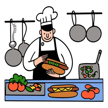 A chef with light skin and short black hair is standing in a bright kitchen, focused on assembling a gourmet Chicago hot dog. He is wearing a white chef's coat and a black apron. The countertop is filled with fresh ingredients including a soft, toasted poppy seed bun, bright green relish, sliced tomatoes, and sport peppers. The chef is delicately placing a juicy sausage in the bun, and he is adding a layer of mustard with precision. In the background, there are pots and pans hanging and a cutting board with chopped vegetables. The atmosphere conveys a sense of culinary creativity and care.