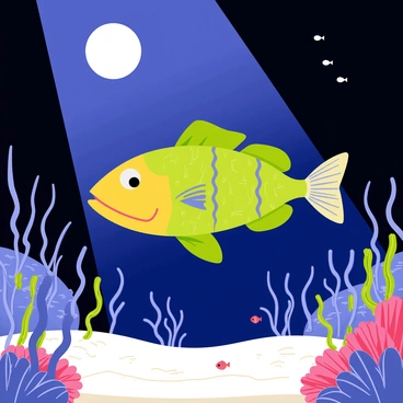 A nocturnal underwater scene featuring a large, colorful grouper swimming stealthily through the dark blue water. The grouper has distinctive patterns of green and yellow on its scales. Moonlight filters down from the ocean surface, casting shimmering silver reflections on the sandy seabed below. Various aquatic plants sway gently in the current around the grouper. Tiny fish dart in and out of the corals in the background, creating a lively atmosphere as the grouper prepares to hunt.