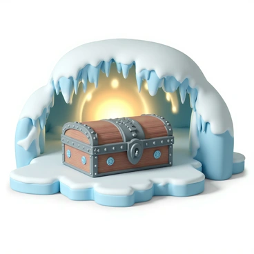 A chest, made of aged wood and adorned with intricate metalwork, is encased in thick layers of ice. The ice has a crystalline texture, reflecting light and creating a shimmering effect around the chest. Hints of golden light are shining through the ice, casting a warm glow across the surrounding frozen cave. The cave walls are covered in stalactites and stalagmites, with a bluish tint to the ice that contrasts with the golden light. Subtle icy patterns are visible on the surface of the chest, adding to its mystical presence in the cave.