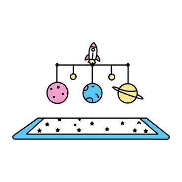 A baby gym designed with a space theme, featuring a colorful rocket hanging in the center. Below the rocket, there are various planets suspended from the frame, each with distinct colors and patterns. The planets include a bright red Mars, a blue Earth, and a yellow Saturn with rings. The gym is set up on a soft mat with star patterns, providing a playful area for babies to explore. The overall design is minimalistic, focusing on the shapes and colors of the space elements.