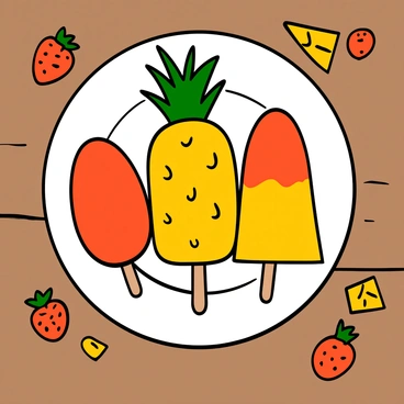 A collection of brightly colored ice pops arranged neatly on a white plate. Each ice pop is made from pureed fruits, with one shaped like a raspberry in vibrant red, another resembling a pineapple in sunny yellow, and a third showcasing a mix of both in a gradient blend. The ice pops have a glossy finish, reflecting light, and are placed on a wooden table with a few fresh raspberries and pineapple chunks scattered around for added detail.