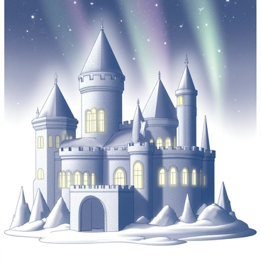 A grand ice castle with towering spires and intricate ice carvings. The structure features several large, arched windows that give a glimpse of the icy interior. Surrounding the castle are jagged ice formations that reflect light. Above, the northern lights cascade across the night sky, creating a breathtaking backdrop. The scene is illuminated by the soft glow emanating from the castle, highlighting the delicate frost on the exterior walls.