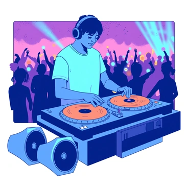 A blue DJ is standing confidently behind glowing orange turntables at a vibrant music festival. The DJ has headphones on and is focused on adjusting the levels of the equipment. Colorful lights are illuminating the scene, with a crowd of people dancing excitedly in the background. Some attendees are holding glowing sticks, adding to the energetic atmosphere of the festival. In the foreground, there are speakers blasting music, creating a dynamic and lively environment.