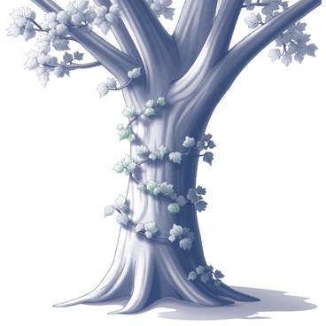 Poison ivy vines wrap around the trunk of a tall oak tree. The thick bark of the oak is textured and rugged, showing deep grooves and crevices. The poison ivy vines have glossy leaves that are clustered in groups of three. They creep up along the oak, intertwining with its branches. Sunlight filters through the canopy above, casting dappled shadows on the ground below, highlighting the contrasting shapes of the leaves. The scene captures the natural growth and interaction between the plant and the tree.