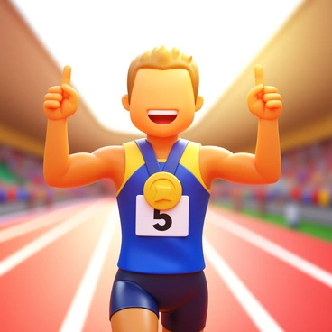 A victorious runner with a beaming smile, holding a shiny gold medal around their neck. They are wearing a colorful athletic outfit, with the number "5" prominently displayed on their shirt. The runner has short hair, glistening with sweat, and their arms are raised in triumph. The background features a blurred image of a running track, with the finish line in sight and cheering spectators. The bright sun casts a warm glow on the scene, enhancing the celebratory atmosphere.